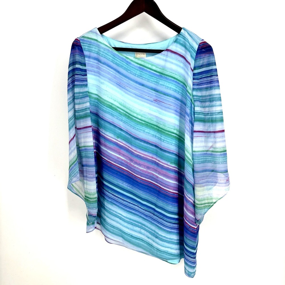 Asymmetrical Chico's Women Top Blouse size 1/M Striped Sheer‎ Multi-Color Boho